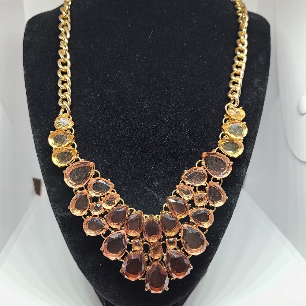 Aldo Statement Bib Necklace Multi Color Gold Tone Chain Yellow Pink Amber